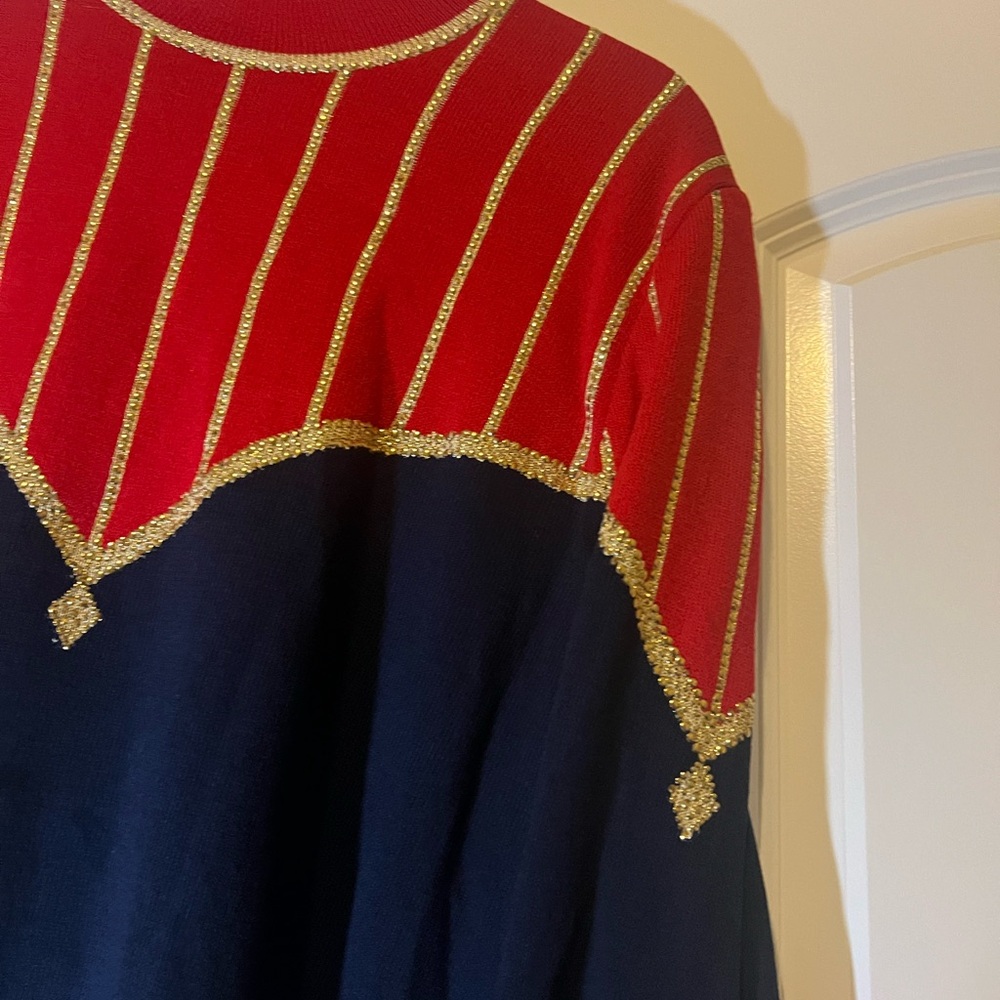 Vintage St. John Evening Santana Knit Mock Neck Sweater Womens Size 10 Red Navy - Picture 6 of 7